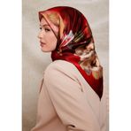 Kırmızı Çiçek Desenli Twill İpek Eşarp