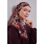 Kırmızı Çiçekli Soyut Desen Twill İpek Eşarp