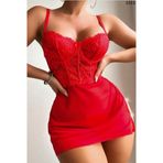 Kırmızı Dantel Detaylı Mini Gecelik, Askılı, Saten Etek, Seksi İç Çamaşırı