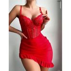 Kırmızı Dantel Korseli Mini Elbise, Askılı, Fırfırlı Etek, Kadın Gece Elbisesi
