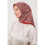 Kırmızı Etnik Desen Twill İpek Eşarp