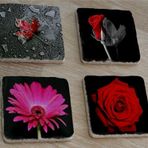 Kırmızı Gül ve Gerbera Doğal Taş Bardak Altlığı 4'lü set - Natural Stone Coasters