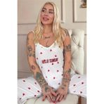 Kırmızı Kalp Baskılı Ip Askılı Örme Kadın Pijama Takımı - 2XL