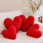 Kırmızı Kalp Şeklinde Peluş Dekoratif Yastık, 4'lü Set, Kalp Dekor Yastıkları