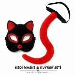 Kırmızı Kedi Maske Ve Kuyruk Seti Parti Kostüm Aksesuarı