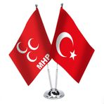 Kırmızı MHP ve Türkiye -İkili Saten Masa Bayrağı