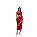 Kırmızı Payetli Uzun Gece Elbisesi, Seksi Kesim, Belden Çıtçıtlı (Scarlat Glam) (Kırmızı, 36)