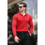Kırmızı Polo Yaka Çizgili Erkek Triko Kazak 7265 - S