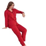 Kırmızı Puantiyeli Pamuklu Kadın Düğmeli Pijama Takımı (kırmızı, XL)