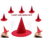 Kırmızı Renk Keçe Cadı Şapkası Yetişkin Çuk Uyumlu 6 Adet