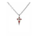 Kırmızı Sacina Gotik Haç Figürlü Unisex Kolye – 60 Cm Zincirli, Alternatif & Vintage Metal Takı