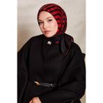 Kırmızı Şerit Desenli Twill İpek Eşarp