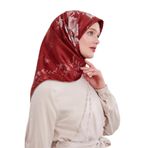 Kırmızı Soyut Gül Desen Twill İpek Eşarp