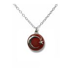 Kırmızı Zeminli Ay Yıldız Yuvarlak Kolye – Unisex Gümüş Renk Metal Takı