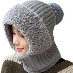 Kış Sıcak Örgü Şapka ve Boyun Isıtıcı Setleri, Rüzgar Geçirmez Esnek Yumuşak Kalın Polar Astarlı Yüz Maskesi Bere Şapka Hairball, Açık Hava Sporları Balaclava Kayak Maskesi, Kış Hediyesi, gri