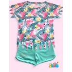 Kısa Kol Flamingo Baskılı Penye Lazer Kesimli Saçaklı Kız Çocuk T-Shirt Şortlu Takım - Turkuaz - Açık Yeşil - 1 - 2 Yaş