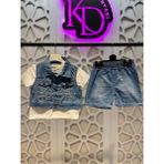 Kısa Kollu Beyaz Tişört Kot Yelek ve Kot Şort Kız ve Erkek Çocuk Unisex 3'lü Alt Üst Takım - Mavi - 3 Yaş