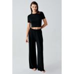 Kısa Kollu Crop Bol Paça Esnek Viskoz Pijama Takım - Siyah
