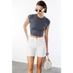 Kısa Kollu Kadın Crop T-Shirt Crop-T-Shırt - Füme - XS