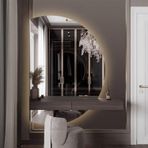 Kısılabilir 3 Renkli LED Arka Aydınlatmalı Banyo Aynası, Dokunmatik Anahtarlı Akıllı Yarım Daire Ayna, Modern Banyo Dolapları İçin 51 inç Buğu Önleyici Tasarım (Sol Kesim 47 inç)