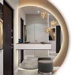 Kısılabilir Akıllı LED Banyo Vanity Ayna 84x120cm Buğu Önleyici Dokunmatik Anahtar Büyük Yarım Ay Tasarım Düzensiz Duvar Aynası Makyaj ve Bakım için Modern Banyolar için İdeal