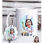 Kişiye Özel Anahtarlık ve Bayan Chef Karikatürlü Beyaz Kupa