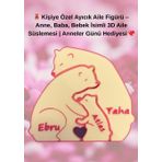 Kişiye Özel Ayıcık Aile Figürü Anne, Baba, Bebek İsimli 3D Aile Süslemesi | Anneler Günü Hediyesi (Beyaz)
