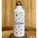 Kişiye Özel Isimli Kancalı Alüminyum Suluk Matara Floral Düşler 600 ml - Renkli