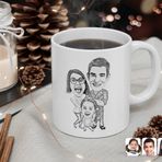 Kişiye Özel Karakalem 3 Lü Aile Karikatürlü Beyaz Kupa Bardak