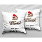 Kişiye Özel Kütüphane Öğretmeni Iki Adet Iki Tarafı Baskılı Yıkanabilir Yastık Kırlent Kılıfı - Krem - 43x43