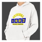Kisiye Ozel Sari Lacivert Isim Tarih Baskili Kapsonlu Beyaz Unisex Sweatshirt Hk2371