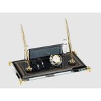 Kişiye Özel Siyah Cam Masaüstü İsimlik – Quartz Saatli, Kartvizitlikli, Çift Kalemli Premium Ofis Seti (30x16 cm)