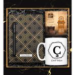 Kişiye Özel Tasarım Kupa & Gold Kare Desenli Defter & Roller Kalem & Pratik Filtre Kahve Hediye Seti