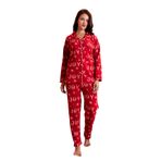 Kışlık Yılbaşı Desenli Kadın Gömlek Polar Pijama Takımı- Geyikli Yılbaşı Pijaması Kırmızı L