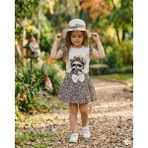 Kısmet Baby Leopar Desenli Baskılı T-Shirt Kloş Etek Şapka Takım - 2 Yaş - Beyaz - Açık Kahverengi