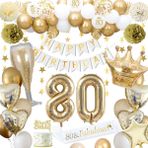 KISPATTI 80. Doğum Günü Süslemeleri, Altın 80. Doğum Günü Süslemeleri Erkekler Kadınlar için Altın Beyaz Balonlar MUTLU DOĞUM GÜNÜ Afiş Numarası 80 Balon Taç Yıldız Kalp Balonlar MUTLU 80. Doğum Günü Pasta