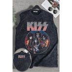 Kiss Ense Baskılı Yıkamalı Kolsuz Tişört, Unisex Rock Band Temalı Sıfır Kol Vintage Atlet - Siyah - 4XL