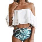 Kissprom Kadınlar için İki Parça Mayo Fırfırlı Fırfırlı Fırfırlı Omuz Üst Yüksek Bel Baskılı Bikini Mayo, Beyaz, L
