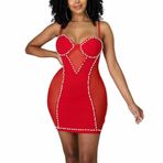 Kissprom Kadınlar İçin Seksi Gece Kıyafeti Birleştirme Kesilmiş İnce Bodycon Mini Parti Elbisesi Spagetti Askılı, Kırmızı, L