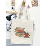 Kitap Kedi Ve Çay Tasarım Ham Bez Tote Bag Çanta, Pinterest Çanta, Kitap Çantası - 10D-Krem