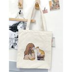 Kitap Ve Kedi Tasarım Pinterest Tote Bag Bez Çanta - 10D-Krem