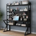 Kitaplık Depolama Raflı Modern Ofis Masası ve Pegboard Masif Ahşap Yazma İş İstasyonu Masası Ev Ofis için Büyük Çalışma Masası (Siyah 119,4 cm G x 175,3 cm Y x 59,6 cm D)