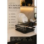 KITCHBATH 2 Katlı Tezgah Üstü Paslanmaz Metal Bulaşıklık, Büyük Boy Premium Tabaklık Kurutmalık Sepeti Plastik Tepsili Kaşıklıklı Tabak Sepeti