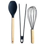Kitchen Design Lab Büyük Boy Silikon Set, Düz Spatula, Maşa, Ahşap Çırpıcı Seti 3 Adet, Antrasit