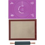 Kitchen Design Lab Fırın Pişirme Altlığı, Mor Ölçülü Hamur Açma Matı 45 x 65 Cm, Bambu Saplı Silikon Merdane