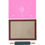 Kitchen Design Lab Fırın Pişirme Altlığı, Pembe Ölçülü Hamur Açma Matı 45 x 65 Cm, Bambu Saplı Silikon Merdane