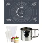 Kitchen Design Lab Gri 45X65 cm Silikon Hamur Açma Matı, Çelik Un Eleği ve Kullan At Krema Sıkma Torbası Seti - Antrasit