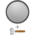 Kitchen Design Lab Küçük Boy Delikli Pizza Tepsisi Lahmacun Pide Tepsisi 28 cm ve Çift Başlıklı Pizza Ruleti - Metalik