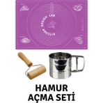 Kitchen Design Lab Mor 45X65 cm Silikon Hamur Açma Matı, Çelik Un Eleği ve Ahşap Saplı Hamur Açıcı - Antrasit