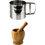 Kitchen Design Lab Paslanmaz Çelik Un Eleği ve Doğal Bambu Ahşap Sarımsak Ezeceği Havan Orta Boy - Antrasit